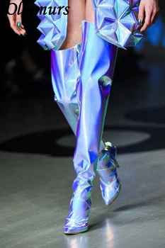 Podium de modă, dans cu laser a subliniat toc subțire moda moda strazii peste genunchi ridicat coapsei cizme femei pantofi