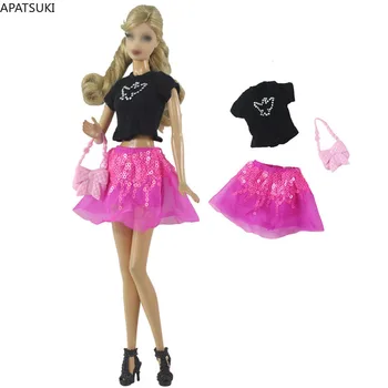 Porumbel negru T-shirt Roz cu Paiete, Fusta Pentru Papusa Barbie Haine de Moda Set Haine Pungă Geantă de mână 1/6 Papusi Accesorii Jucarii