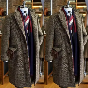 Primavara/Toamna Herringbone pentru Bărbați Palton Lung de Lână Tweed Costum Cald Jachete personalizate 1 Buc Masculin Pieptul Singur Palton