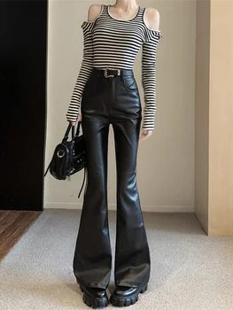 Primavara Toamna Rece Casual Negru Moale din Piele Pu Lungime Podea Flare Pantaloni pentru Femei Talie Mare coreeană Stil de Moda 2023