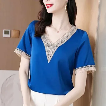 Primavara-Vara Moda Elegant Jumătate Maneca Maneci Scurte Culoare Solidă Bluze Dantela Gol Afară de Pulovere pentru Femei Tricou Subțire de Sus