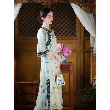 Primăvara Vintage Liber Qipao Casual Femei Cheongsam Stil Popular Pringting De Flori Rochie Chineză Tradițională Albastru Elegant Rochie De Petrecere