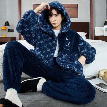 Scrisoare de Imprimare Cald Iarna Set de Pijama Barbati cu Gluga Coral Fleece Strat + Pantaloni Lungi Homewear Îmbrăcăminte pentru Bărbați 2 Bucata Loungwear