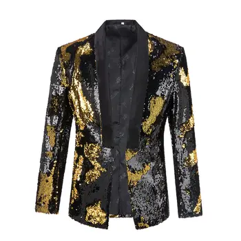 Sequin Jacheta pentru Barbati Sacouri Negru și Aur, Costum de Club de noapte, Îmbrăcăminte de Modă Tendințe 2023