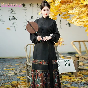 Set De Două Piese Vintage Hanfu Față De Cal Fusta Femei Chineză Tradițională Stand Guler Tricou Negru Pliuri Fusta MaMian Se Potriveste