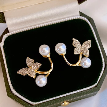 Simplu Zircon Fluture Dublu Pearl de Culoare de Aur Cercei Stud pentru Femei de Moda Temperament Elegant Fete Ziua de Bijuterii Cadou