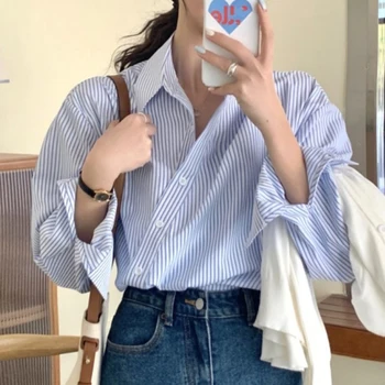 Stil coreean Neregulate Tricou cu Dungi Primavara Toamna Liber Topuri Casual cu Maneci Lungi pentru Femei bluza