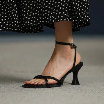 Stil francez Doamnelor Pantofi de Design Simplu Femei Vara Sandale Piele, Sandale Pe Toc Subtire 7.5 CM Pantofi de Femeie