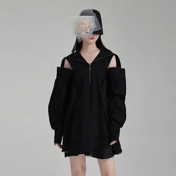 SuperAen coreean Design cu Fermoar Pe Umăr Maneca Lunga Pulover Femei 2023 Toamna/Iarna Întunecată Pulover Rochie