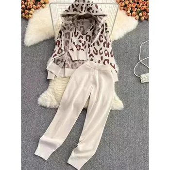 Toamna Iarna cu Fermoar Leopard de Imprimare Cardigane Tricotate+Vesta si Pantaloni 3pcs Seturi de Femei Temperament Costum Treninguri Costume N427