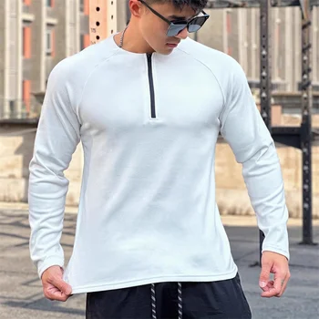 Toamna iarna pluș cald Tricoul elasticitate ridicată de fitness sport jumatate cu fermoar gât rotund cu mâneci lungi pentru bărbați formare Tricou