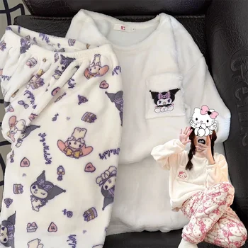 Toamna Iarna Sanrio Hello Kitty Kuromi Seturi De Pijama De Flanel Loung Pijamale Noi Kawaii Femei Frumoase Pijamale De Noapte Costume Homewear