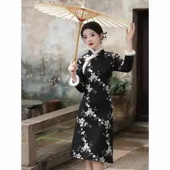 Toamna și iarna negru cheongsam stil Chinezesc parul lung guler maneca lunga femei de seara rochie tradițională Chineză