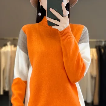 Toamna și Iarna Noi 100% Lână Cașmir Pulover pentru Femei de Înaltă Gât Tricotate Pulover Vrac coreeană de Moda de Culoare Bloc Femei Top
