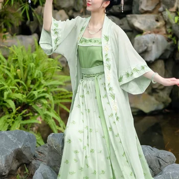 Tradițională Chineză Stil De Îmbrăcăminte Frunze De Bambus Broderie Rochie Lunga Set Antic Retro Femei Dans Costum Cosplay Costum De Scenă