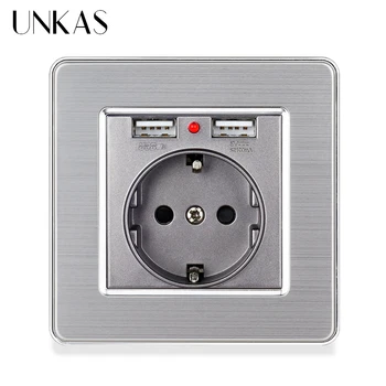 UNKAS Dual USB Port de Încărcare 2.1 Gri UE Socket 86MM * 86MM 16A Rusia Spania Gri Oțel Inoxidabil Panou LED Indicator de Evacuare