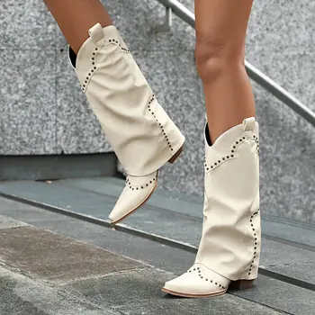V-cut Wide Calf Subliniat Toe Western American Femei Pantofi de Iarna Tocuri Indesata Tub Drept Nituri Împânzit de la Jumătatea vițel Cizme de Cowboy