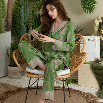 V-Neck Verde De Imprimare Set De Pijama Femei Cu Maneci Lungi De Somn Costum De Vara Din Satin Pijamas Sleepwear Cămăși De Noapte De Acasă Purta Tinutele