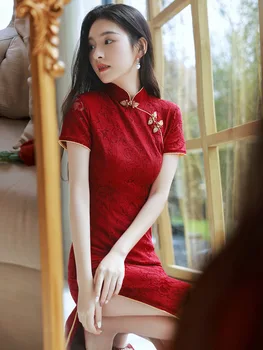 Vara eleganta din Dantela Bordo Cheongsam Toast Haine de Mireasa Logodna Retro Qipao Chineză Stil de Rochie de Mireasa pentru Femei Partid