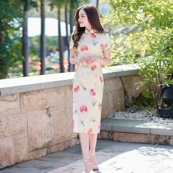 Vara Eticheta Socială Rochie Doamnă Femeie Chineză Tradițională Elegant De Epocă Butonul Cheongsam Femei, Maneca Scurta, Imprimare Qipao