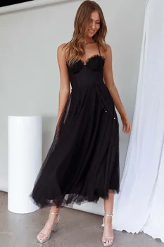 Vara mesh negru rochii de partid 2023 Femei cu fermoar spate sexy fara spate fără mâneci strapless subțire curea de spaghete lungi rochie midi