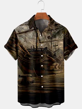 Vara Oamenii Barca Print Short Sleeve Shirt Bluza Casual De Top Hawaiian Rever Buton De Cămașă De Moda Haine Largi