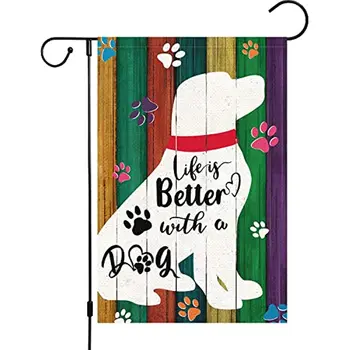 Viața Este mai Bine cu Un Câine de Companie Gradina Pavilion 12x18 Dublă față-Verso Pânză groasă de sac Labă de Câine Fermă Gradina Curte Steaguri pentru Sezonieră în Afara