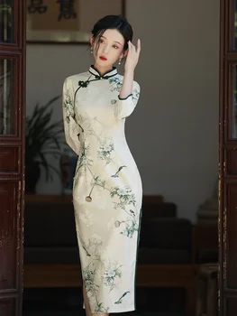 Vintage Chineză Îmbunătățit Cheongsam Naționale Stil Elegant Subțire Cu Mâneci Lungi Scăzut Tăiat Tradițional QiPao Haine De Zi Cu Zi Pentru Femei