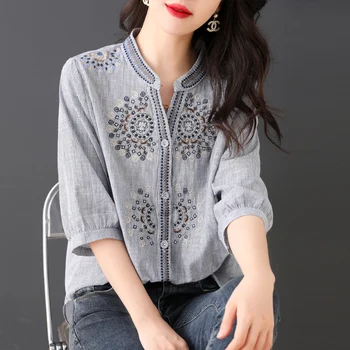 Vintage Femei Camasi Vara 2023 Noi Broderie Stil Chinezesc Bluze Largi cu Maneci Scurte din Bumbac Lenjerie de Sus de Îmbrăcăminte YCMYUNYAN
