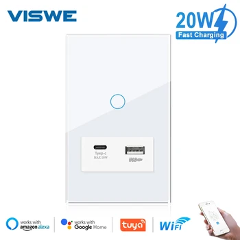 VISWE 1/2gang Wifi Smart Switch USB C 20W Încărcare Rapidă, Geam Panou 118*72mm, Google Acasa/Alexa Tuya