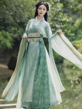 Wei Jin Dinastiei Verde Hanfu Femei Traversat Gulere Largi, cu Mâneci lungi Chineză Taditional Cosplay Costum de Performanță Etapă Rochie