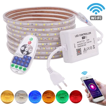 WiFi Tuya Smart LED Strip AC220V 110V Bandă Flexibilă cu LED-uri Panglică SMD5050 60LEDs/M rezistent la apa Coarda Lumina Alb Cald Albastru Rosu Galben