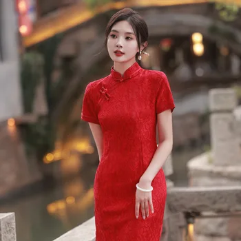 Yourqipao Vara 2023 Cheongsam Toast Haine de Mireasa Rochie de Logodna Vinului Roșu Dantelă Qipao Chineză Stil de Rochie de Mireasa pentru Femei