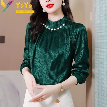 Yoyo Bingo 2023 Toamna Solid De Culoare Margele Maneca Lunga Floare Jacquard Office Camasi Femei Top Casual Coreean Vintage Sex Feminin Bluza